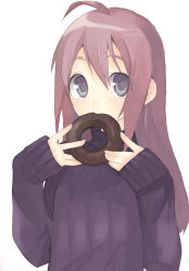 Rule 34 | 1girl, ahoge, blue eyes, doughnut, eating, food, highres, long hair, looking at viewer, red hair, ribbed sweater, s ko, simple background, solo, sweater, upper body, white background