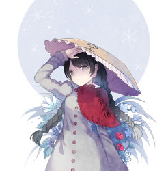 Rule 34 | 1girl, ajirogasa, black hair, braid, buttons, clothes writing, cuivre, dress, flower, hat, highres, long earlobes, md5 mismatch, resolution mismatch, snowflakes, solo, source smaller, touhou, twin braids, twintails, yatadera narumi