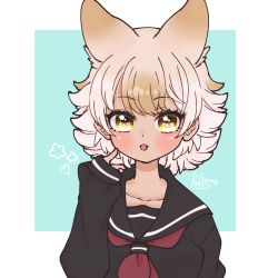 Rule 34 | animal ears, black jacket, blonde hair, coyote, coyote (kemono friends), wolf ears, wolf tail, cthun n, gloves, highres, jacket, kemono friends, kemono friends v project, necktie, shirt, shoes, short hair, skirt, smile, tail, virtual youtuber, white shirt, yellow eyes, yellow gloves