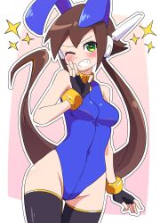 Rule 34 | 1girl, absurdres, aile (mega man zx), animal ears, black thighhighs, blue leotard, blush, breasts, brown hair, buzzlyears, green eyes, heart, heart-shaped pupils, highres, leotard, long hair, medium breasts, mega man (series), mega man zx, mega man zx advent, one eye closed, open mouth, playboy bunny, ponytail, rabbit ears, robot ears, simple background, sleeveless, smile, solo, symbol-shaped pupils, thighhighs
