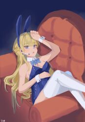 Rule 34 | 1girl, animal ears, arm up, artist name, bare shoulders, blonde hair, blue archive, blue bow, blue eyes, blue leotard, bow, braid, breasts, chair, detached collar, feet out of frame, headset, highres, indoors, leotard, long hair, lying, mz tomz, on back, playboy bunny, rabbit ears, small breasts, solo, thighhighs, toki (blue archive), toki (bunny) (blue archive), very long hair, white thighhighs, wrist cuffs