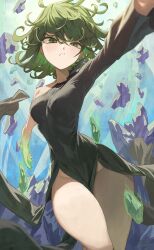 Rule 34 | 1girl, aura, black dress, curly hair, day, dress, flipped hair, floating, floating object, floating rock, green eyes, green hair, highres, levitation, light frown, m.q (mqkyrie), medium hair, one-punch man, outdoors, outstretched arms, psychic, side slit, sky, solo, tatsumaki, telekinesis, thick thighs, thighs, torn clothes