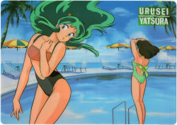 Rule 34 | 1980s (style), :o, arms up, back, beach chair, beach umbrella, blue eyes, brown hair, card (medium), casual one-piece swimsuit, cone horns, day, eyeshadow, feet out of frame, floating hair, green hair, green one-piece swimsuit, highres, horns, long hair, lum, makeup, miyake shinobu, navel, non-web source, official art, oldschool, one-piece swimsuit, oni, outdoors, palm tree, pool, pool ladder, retro artstyle, scan, short hair, standing, swimsuit, tree, umbrella, urusei yatsura