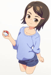 Rule 34 | 1girl, blue shirt, blue shorts, brown eyes, brown hair, closed mouth, cowboy shot, creatures (company), cropped legs, game freak, grey background, gym trainer (pokemon), hair ornament, hairclip, highres, holding, holding poke ball, long sleeves, nintendo, om (nk2007), poke ball, poke ball (basic), pokemon, pokemon sv, shirt, short shorts, shorts, simple background, smile, solo, swept bangs