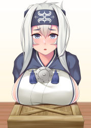 Rule 34 | 1girl, absurdres, ainu clothes, blue eyes, blue headband, blue jacket, blush, box, breasts, commission, cropped jacket, dress, folded ponytail, hair between eyes, headband, highres, jacket, kamoi (kancolle), kantai collection, large breasts, long hair, open mouth, pixiv commission, ruin re birth, sleeveless, sleeveless dress, solo, upper body, white dress, white hair