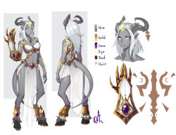 Rule 34 | 1girl, absurdres, bare shoulders, breasts, character sheet, closed mouth, color guide, colored sclera, colored skin, commission, contrapposto, distr, draenei, gauntlets, grey skin, hand up, highres, hooves, horns, looking at viewer, medium breasts, midriff, monster girl, multiple views, navel, original, parted lips, pelvic curtain, pointy ears, portrait, priest (warcraft), signature, single gauntlet, smile, solo, tail, tattoo, warcraft, white eyes, white hair, world of warcraft, yellow eyes, yellow sclera