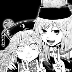 Rule 34 | 2girls, animal collar, arm around shoulder, chain, chinese clothes, collar, comic, crescent moon symbol, double v, earth (planet), greyscale, hand on another&#039;s shoulder, hat, hecatia lapislazuli, junko (touhou), leaning forward, monochrome, moon, multiple girls, off shoulder, open mouth, planet, shirt, smile, space, t-shirt, touhou, v, wide-eyed, yokochou