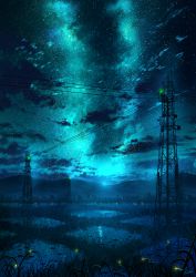 Rule 34 | building, cloud, commentary request, fireflies, glowing, light trail, milky way, mountain, mountainous horizon, no humans, original, power lines, reflection, rice paddy, scenery, sky, star (sky), starry sky, transmission tower, vinci v7, water