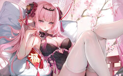 Rule 34 | 1girl, absurdres, akizero1510, alternate hairstyle, arm behind head, black dress, branch, breasts, bun cover, cherry blossoms, cleavage, collared dress, commentary, cushion, double bun, dress, falling petals, hair bun, highres, hololive, hololive english, large breasts, leg up, long hair, looking at viewer, mori calliope, open mouth, petals, pink eyes, pink hair, reclining, sitting, sleeveless, sleeveless dress, smile, solo, thighhighs, tiara, virtual youtuber, white thighhighs