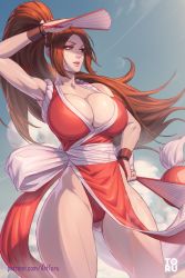 Rule 34 | 1girl, arm guards, arttoru, bare shoulders, breasts, brown eyes, brown hair, cleavage, fatal fury, folded fan, folding fan, gluteal fold, hand fan, hand on own hip, high ponytail, highres, holding, holding fan, large breasts, ninja, pelvic curtain, ponytail, revealing clothes, rope, shiranui mai, the king of fighters, thighs