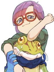 Rule 34 | 1boy, 1girl, blue eyes, blue gloves, blush, chrono trigger, closed mouth, frog (chrono trigger), gan2, glasses, gloves, highres, looking at viewer, lucca ashtear, open mouth, purple hair, short hair, simple background, smile, white background