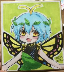 Rule 34 | 1girl, antennae, aqua hair, artist name, blush, botan (03110709), butterfly wings, dress, eternity larva, fairy, green dress, hair between eyes, highres, insect wings, leaf, leaf on head, multicolored clothes, multicolored dress, open mouth, photo (medium), shikishi, short hair, short sleeves, single strap, smile, solo, touhou, traditional media, upper body, wings, yellow eyes