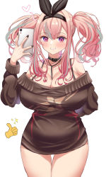 Rule 34 | 1girl, absurdres, azuma (sospower73), azur lane, bare shoulders, black nails, bra strap, breasts, bremerton (azur lane), bremerton (day-off date) (azur lane), cellphone, choker, cleavage, collarbone, cowboy shot, curvy, grin, hairband, heart, highres, huge breasts, large breasts, long hair, long sleeves, looking at viewer, loose clothes, meme, multicolored hair, nail polish, off-shoulder sweater, off shoulder, open mouth, pajamas challenge (meme), phone, pink hair, purple eyes, selfie, sidelocks, simple background, smartphone, smile, solo, streaked hair, sweater, thigh gap, thumbs up, twintails, white background