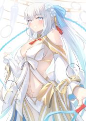 Rule 34 | 1girl, bare shoulders, bikini, blue eyes, braid, breasts, cleavage, detached sleeves, fate/grand order, fate (series), flower, gold trim, hair flower, hair ornament, hair ribbon, highres, large breasts, long hair, looking at viewer, morgan le fay (fate), morgan le fay (water princess) (fate), open mouth, ponytail, ribbon, sidelocks, smile, solo, swimsuit, umi endu, very long hair, white bikini, white hair