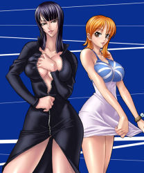 Rule 34 | 2girls, :p, bare shoulders, bikini, bikini top only, black dress, black hair, blue background, blush, breasts, brown eyes, cleavage, clothes lift, collarbone, contrapposto, cowboy shot, dress, dress lift, female focus, framed breasts, grabbing, grabbing another&#039;s breast, head tilt, kagami hirotaka, large breasts, legs, log pose, long hair, long sleeves, looking at viewer, multiple girls, nami (one piece), nico robin, no bra, one piece, orange hair, short hair, simple background, skirt, standing, swimsuit, tongue, tongue out, white skirt, yellow eyes, zipper