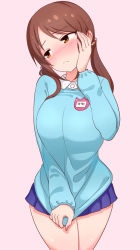 Rule 34 | 1girl, blue skirt, blue sweater, blush, breasts, brown eyes, brown hair, closed mouth, clothes tug, cowboy shot, frown, hand on own cheek, hand on own face, highres, idolmaster, idolmaster cinderella girls, idolmaster cinderella girls starlight stage, kemu (guruguru dan), large breasts, long hair, long sleeves, looking away, looking to the side, low twintails, mifune miyu, miniskirt, name tag, nose blush, pink background, pleated skirt, simple background, skirt, solo, standing, sweater, sweater tug, thighs, twintails, wing collar