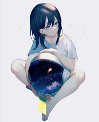 Rule 34 | 1girl, achiki, blue eyes, commentary request, helmet, holding, holding helmet, holding paper, medium hair, open mouth, original, paper, shirt, short sleeves, simple background, sky, solo, space helmet, star (sky), star (symbol), starry sky, white background, white shirt