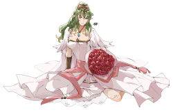 Rule 34 | 1girl, alternate costume, bouquet, bow, bracer, bride, capelet, dress, fire emblem, fire emblem awakening, flower, full body, green eyes, green hair, hair bow, high ponytail, highres, invisible floor, jewel necklace, long hair, looking at viewer, nintendo, pink bow, pointy ears, rose, sakuremi, sidelocks, signature, simple background, sitting, solo, tiara, tiki (adult) (fire emblem), tiki (fire emblem), wavy hair, wedding dress, white background, white dress