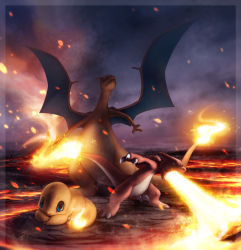 Rule 34 | border, breath weapon, breathing fire, charizard, charmander, charmeleon, claws, commentary, commission, creature, creatures (company), dragon, english commentary, evolutionary line, fiery tail, fire, flame-tipped tail, full body, game freak, gen 1 pokemon, horns, ja-punkster, nintendo, no humans, pokemon, pokemon (creature), single horn, standing, tail