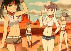 Rule 34 | 4girls, alternate costume, ass, belt, blonde hair, blush, breasts, buckle, camisole, cleavage, cloud, cowboy hat, cowboy western, crop top, eila ilmatar juutilainen, erica hartmann, finger gun, francesca lucchini, front-tie top, glastonbury1966, grass, green eyes, green hair, grin, hair ribbon, hat, jewelry, long hair, medium breasts, mesa, midriff, mountain, multiple girls, navel, necklace, one eye closed, panties, purple eyes, ribbon, sanya v. litvyak, see-through, shiny skin, shirt, short hair, short shorts, shorts, silver hair, sky, small breasts, smile, strike witches, tied shirt, twintails, underwear, wink, world witches series