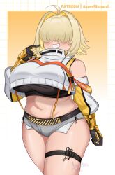 Rule 34 | 1girl, ahoge, azure monarch, black gloves, black sports bra, blonde hair, blush, breasts, clothing cutout, crop top, cropped sweater, curvy, elegg (nikke), exposed pocket, gloves, goddess of victory: nikke, grey shorts, grin, hair intakes, hair over eyes, large breasts, long bangs, long sleeves, micro shorts, midriff, multicolored clothes, multicolored gloves, multicolored hair, navel, plump, short hair, shorts, shoulder cutout, smile, solo, sports bra, suspender shorts, suspenders, thigh strap, thighs, two-tone hair, wide hips, yellow gloves