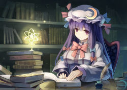 Rule 34 | 1girl, book, book stack, bookshelf, bow, breasts, capelet, chair, crescent, crescent hair ornament, desk, dress, feathers, female focus, hair ornament, hair ribbon, hat, inkwell, lamp, large breasts, light smile, long hair, long sleeves, mob cap, patchouli knowledge, purple eyes, purple hair, ribbon, sitting, solo, striped clothes, striped dress, touhou, tress ribbon, very long hair, xiaoyin li