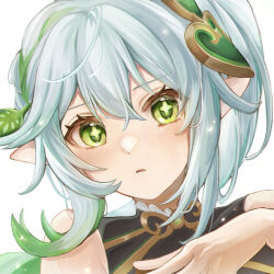 Rule 34 | 1girl, absurdres, aged up, black shirt, braid, cross-shaped pupils, floating hair, genshin impact, gold trim, green eyes, green hair, grey hair, hair between eyes, hair intakes, hair ornament, hand on own chest, highres, leaf hair ornament, light blush, light particles, looking at viewer, mugita (mokankan), multicolored hair, nahida (genshin impact), parted lips, pointy ears, portrait, shirt, side ponytail, sidelocks, simple background, single braid, sleeveless, sleeveless shirt, streaked hair, symbol-shaped pupils, white background