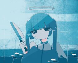 Rule 34 | 1girl, air bubble, black eyes, blue hair, blue shirt, bubble, closed mouth, collar, dot mouth, fish, halo, hand up, highres, holding, holding knife, jitome, kitchen knife, knife, leash, long hair, long sleeves, no pupils, original, shirt, sidelocks, solo, sskitaco, tile wall, tiles, twintails, underwater, upper body, white wings, wings