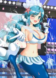 Rule 34 | 1girl, bikini, blue eyes, blue hair, breasts, creatures (company), fountain, game freak, gen 7 pokemon, gloves, highres, idol, large breasts, long hair, looking at viewer, mermaid, microphone, monster girl, navel, nintendo, one eye closed, personification, pokemon, primarina, revealing clothes, smile, solo, starfish hair ornament, swimsuit, white gloves, yukimura chisa
