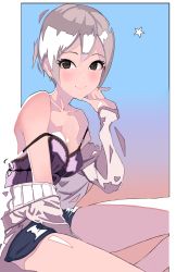 Rule 34 | 1girl, absurdres, black eyes, cellomaiko, commentary request, earrings, gradient background, grey hair, highres, idolmaster, idolmaster cinderella girls, jewelry, looking at viewer, necklace, shiomi syuko, short hair, smile, solo, star (symbol), strap slip