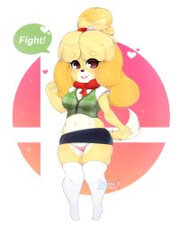 Rule 34 | 1girl, animal crossing, animal ears, artist name, blonde hair, blue skirt, blush, blushstroke, breasts, brown eyes, cameltoe, clenched hand, crop top, dog ears, dog girl, dog tail, english text, female focus, full body, furry, furry female, green vest, hair tie, hand up, happy, heart, highres, isabelle (animal crossing), knees together feet apart, looking at viewer, medium breasts, microskirt, midriff, navel, neck ribbon, nintendo, open mouth, panties, pencil skirt, pigeon-toed, pink panties, red ribbon, ribbon, shirt, short hair, short sleeves, simple background, skindentation, skirt, smile, solo, speech bubble, standing, super smash bros., tail, talking, teeth, thighhighs, topknot, underwear, vest, watermark, white shirt, white thighhighs