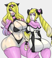 Rule 34 | 2girls, arms behind back, ass, ass grab, bikini, bikini top only, bimbofication, black bikini, black gloves, black panties, blonde hair, blush, breasts, camilla (fire emblem), capelet, cleavage, cowboy shot, curvy, donkaqq, elbow gloves, elise (fire emblem), eyeshadow, fire emblem, fire emblem fates, gloves, grey background, hair ornament, hair over one eye, huge ass, huge breasts, intelligent systems, lips, lipstick, long hair, looking at viewer, looking back, makeup, medium breasts, multiple girls, navel, nintendo, pale skin, panties, parted lips, pink capelet, pink legwear, pink lips, purple eyes, purple eyeshadow, purple hair, purple lips, sideboob, simple background, standing, swimsuit, thick thighs, thighhighs, thighs, thong, thong bikini, tiara, twintails, underboob, underwear, very long hair
