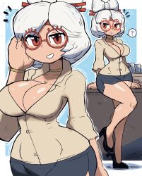 Rule 34 | 1girl, ?, absurdres, arm support, basket, black footwear, black skirt, blush, bow, breasts, brown shirt, choker, cleavage, collarbone, desk, double bun, glasses, grin, hair bow, hair bun, hair ornament, hair stick, high heels, highres, large breasts, looking at viewer, multiple views, nintendo, office lady, paper, parted lips, pencil skirt, purah, red eyes, sheikah, shirt, shoes, short hair, short sleeves, skirt, smile, spoken question mark, standing, teeth, the legend of zelda, the legend of zelda: tears of the kingdom, thick thighs, thighs, tony welt, watch, white hair, wide hips, wristwatch
