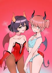 Rule 34 | 10s, 2girls, absurdres, alisa (girls und panzer), alternate costume, aomushi (mushamusha), ass grab, black wings, blue bra, blue panties, blush, bra, breasts, brown eyes, brown hair, brown legwear, choker, closed mouth, collarbone, commentary, crotch zipper, demon girl, demon tail, demon wings, embarrassed, freckles, frilled bra, frilled panties, frills, frown, girls und panzer, gloves, hair ornament, hand on own chest, highres, horns, leotard, looking at viewer, multiple girls, naughty face, panties, pantyhose, pink choker, red gloves, red leotard, red wings, short hair, short twintails, small breasts, smile, standing, star (symbol), star hair ornament, strapless, strapless leotard, tail, twintails, underwear, underwear only, utsugi yuuki, wavy mouth, wings, zipper