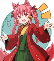 Rule 34 | 1girl, ahoge, animal ears, bell, commentary request, cowboy shot, fang, fox ears, fox girl, fox tail, green sash, green skirt, hair ribbon, hair rings, haori, highres, jacket, japanese clothes, jingle bell, kimono, light blush, long hair, long sleeves, looking at viewer, multiple tails, notice lines, obi, open mouth, original, outstretched arms, red eyes, red jacket, red ribbon, ribbon, sash, simple background, skirt, solo, standing, tail, twintails, wide sleeves, yellow kimono, yukinagi