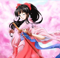 Rule 34 | 1girl, :d, ass, black hair, bow, breasts, brown eyes, cherry blossom print, cherry blossoms, commentary request, fingerless gloves, floral print, gloves, hair bow, highres, japanese clothes, juuzou (amayuu112), katana, kimono, large breasts, long hair, looking at viewer, looking back, one eye closed, open mouth, petals, ponytail, red bow, sakura taisen, scabbard, sheath, sheathed, shinguuji sakura, sideboob, smile, solo, sword, weapon