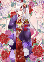 Rule 34 | 1girl, closed mouth, commentary request, fang, fang out, female focus, floral background, floral print, flower, gradient hair, hair flower, hair ornament, hololive, horns, japanese clothes, kimono, long hair, long sleeves, looking at viewer, lunacats, multicolored hair, nakiri ayame, nakiri ayame (new year), obi, oni, print kimono, red eyes, red flower, red hair, red kimono, sash, side ponytail, skin-covered horns, sleeves past fingers, sleeves past wrists, smile, solo, streaked hair, very long hair, virtual youtuber, white hair
