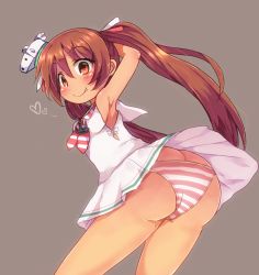 Rule 34 | 10s, 1girl, arms up, ass, bare shoulders, blush, breasts, butt crack, closed mouth, dark-skinned female, dark skin, dress, eyebrows, fang, female focus, from behind, grey background, hair between eyes, hair ribbon, hat, kantai collection, leaning, leaning forward, libeccio (kancolle), long hair, matching hair/eyes, mini hat, no bra, orange eyes, orange hair, panties, pleated dress, ribbon, sailor collar, sailor dress, short dress, simple background, sleeveless, sleeveless dress, smile, solo, striped clothes, striped panties, thigh strap, twintails, underwear, white dress, white hat