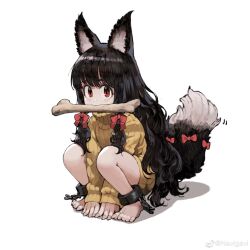 Rule 34 | 1girl, absurdres, all fours, animal ear fluff, animal ears, barefoot, black hair, bone, bow, chain, commentary, cuffs, fingernails, hair bow, highres, jun (navigavi), knit sweater, long hair, looking at viewer, messy hair, original, red eyes, shackles, sharp fingernails, sharp toenails, solo, squatting, symbol-only commentary, tail, tail bow, tail ornament, toenails, weibo logo, weibo watermark, white background, wolf ears, wolf girl, wolf tail