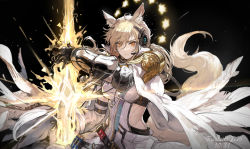 Rule 34 | 1girl, ahoge, animal ear fluff, animal ears, arknights, black background, blonde hair, bracer, commentary, dress, headset, long hair, looking at viewer, nearl (arknights), nearl the radiant knight (arknights), official alternate costume, originium arts (arknights), ryuuzaki ichi, simple background, solo, tail, upper body, white dress, yellow eyes