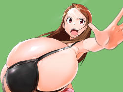 Rule 34 | 1girl, breasts, brown hair, bursting breasts, eroero884, female focus, gigantic breasts, green background, highres, idolmaster, idolmaster (classic), long hair, minase iori, momo no suidou-sui, open mouth, pink eyes, shiny skin, simple background, skindentation, solo