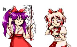 Rule 34 | 2girls, ^ ^, animal ears, bell, brown eyes, cat ears, cat girl, cat tail, closed eyes, coin, cowboy shot, dress, gohei, gold, goutokuji mike, hakurei reimu, hakurei reimu (pc-98), jaggy lines, japanese clothes, koban (gold), kostcop, long hair, looking at viewer, lowres, maneki-neko, midriff, miko, multicolored clothes, multicolored dress, multicolored shirt, multiple girls, neck bell, patch, pc-98 (style), pc98, pixel art, purple hair, red dress, retro artstyle, scratching head, short hair, short sleeves, simple background, skirt, smile, tail, touhou, unconnected marketeers, white background