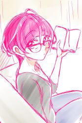 Rule 34 | 1girl, aged up, ahoge, black shirt, blouse, blunt bangs, book, collarbone, commentary request, couch, curtains, denim, dutch angle, glasses, highres, holding, holding book, hoshina hikaru, indoors, jeans, long sleeves, looking at viewer, looking back, multicolored hair, noyuki1204, open book, pants, perspective, pink eyes, pink hair, precure, raised eyebrows, reading, shirt, short hair, sitting, sketch, solo, star twinkle precure, streaked hair
