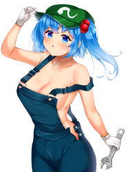 Rule 34 | 1girl, arm up, bare arms, bare shoulders, blue eyes, blue hair, blush, breasts, cabbie hat, collarbone, commentary request, cowboy shot, daichi (tokoya), gloves, green hat, hair bobbles, hair ornament, hat, highres, holding, holding wrench, kawashiro nitori, large breasts, long hair, looking at viewer, naked overalls, overalls, parted lips, simple background, solo, standing, strap slip, touhou, two side up, white background, white gloves, wrench