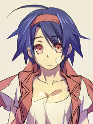 Rule 34 | 1girl, blue hair, breasts, cleavage, coat, commentary request, genderswap, genderswap (mtf), headband, kanikame, red vest, rody roughnight, shirt, short hair, solo, vest, wild arms, wild arms 1