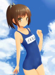 Rule 34 | 10s, 1girl, bad id, bad pixiv id, bare shoulders, blush, brown eyes, brown hair, highres, i-401 (kancolle), kantai collection, looking at viewer, negishio, one-piece swimsuit, personification, ponytail, school swimsuit, short hair, short ponytail, smile, solo, swimsuit