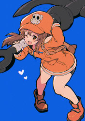 Rule 34 | 1girl, anchor, bag, bike shorts, black gloves, blue background, blush, brown eyes, brown hair, fingerless gloves, gloves, guilty gear, guilty gear strive, hand on own head, hat, highres, hood, hoodie, itsuka neru, long hair, looking at viewer, may (guilty gear), one eye closed, open mouth, orange hat, orange hoodie, pirate hat, simple background, skull and crossbones, solo