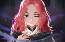 Rule 34 | 1girl, black cloak, cloak, commentary request, elden ring, long sleeves, looking at viewer, melina (elden ring), one-eyed, peach luo, pink hair, red hair, scar, scar across eye, scar on face, solo, upper body