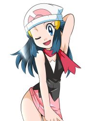 Rule 34 | 1girl, blue eyes, blue hair, boots, breasts, creatures (company), curvy, dawn (pokemon), female focus, game freak, hainchu, looking at viewer, nintendo, no panties, one eye closed, pokemon, pokemon (anime), pokemon dppt (anime), skirt, small breasts, solo, wink