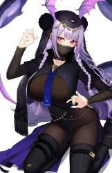 Rule 34 | 1girl, absurdres, arknights, ateoyh, black footwear, black thighhighs, blue nails, bodystocking, braid, breasts, collarbone, commentary request, hand up, head wings, high heels, highres, large breasts, long hair, long sleeves, looking at viewer, manticore (arknights), manticore (under a veil) (arknights), mouth veil, nail polish, official alternate costume, parted lips, partial commentary, pointy ears, purple eyes, purple hair, scorpion tail, seiza, sitting, solo, tail, thighhighs, thighs, twin braids, veil, very long hair, wings